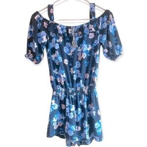 One Step Ahead Kids Girl’s Dark Blue Floral Romper Size 14 Cinched and Tassel